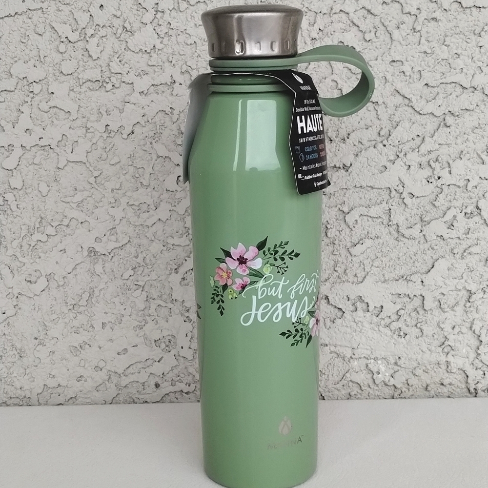 Manna Haute Green Stainless Steel Water Bottle Floral "But First Jesus" 18 Oz - Picture 7 of 13